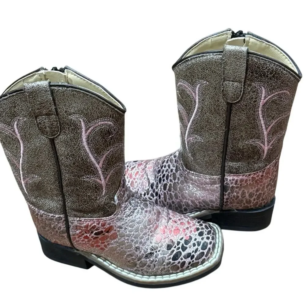 Old West Girls Pink Western Cowboy Boots Square Toe Side Zip Size 8C VB1054